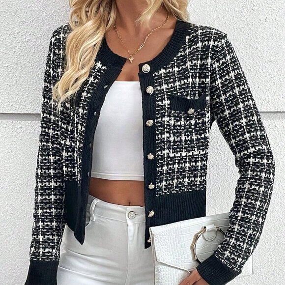 Sweaters - Black and White Casual Women's Plaid Pattern Button Front Cardigan
